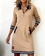 Women's Long Sleeve Cotton Blend Zip-Up Lapel Collar Mini Dress Side Pockets Casual Work Office Everyday Autumn Winter – Claudette - Lolly 