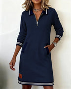 Women's Long Sleeve Cotton Blend Zip-Up Lapel Collar Mini Dress Side Pockets Casual Work Office Everyday Autumn Winter – Claudette - Lolly 