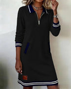 Women's Long Sleeve Cotton Blend Zip-Up Lapel Collar Mini Dress Side Pockets Casual Work Office Everyday Autumn Winter – Claudette - Lolly 