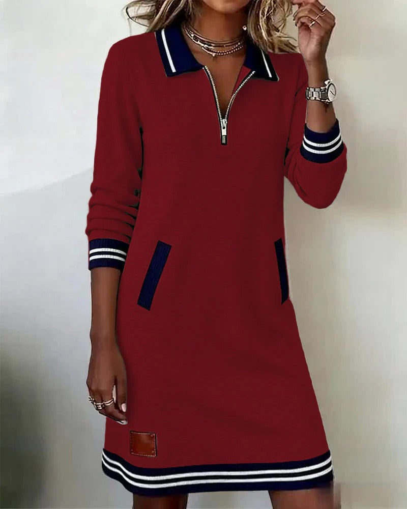 Women's Long Sleeve Cotton Blend Zip-Up Lapel Collar Mini Dress Side Pockets Casual Work Office Everyday Autumn Winter – Claudette - Lolly 