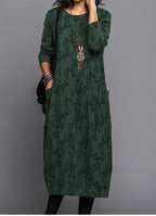 Women's Long Sleeve Midi Dress With Pockets Casual Summer Print Comfortable Everyday Relaxed Fit - Lolly 