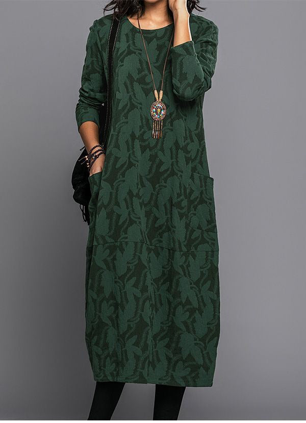 Women's Long Sleeve Midi Dress With Pockets Casual Summer Print Comfortable Everyday Relaxed Fit - Lolly 