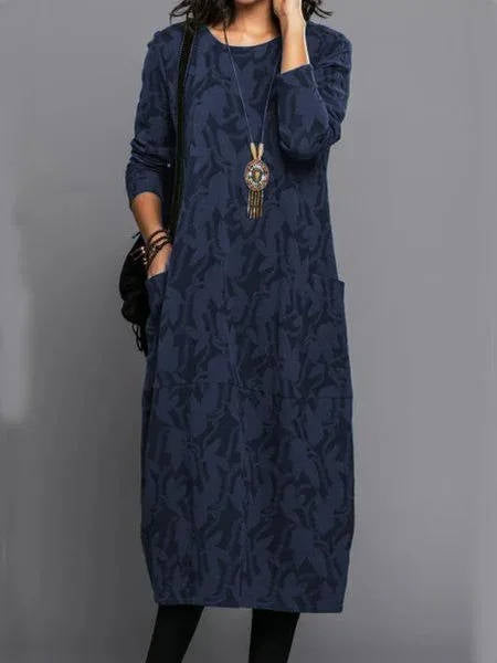 Women's Long Sleeve Midi Dress With Pockets Casual Summer Print Comfortable Everyday Relaxed Fit - Lolly 