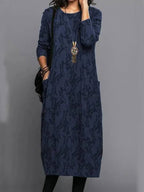 Women's Long Sleeve Midi Dress With Pockets Casual Summer Print Comfortable Everyday Relaxed Fit - Lolly 