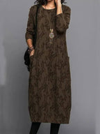 Women's Long Sleeve Midi Dress With Pockets Casual Summer Print Comfortable Everyday Relaxed Fit - Lolly 