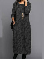 Women's Long Sleeve Midi Dress With Pockets Casual Summer Print Comfortable Everyday Relaxed Fit - Lolly 