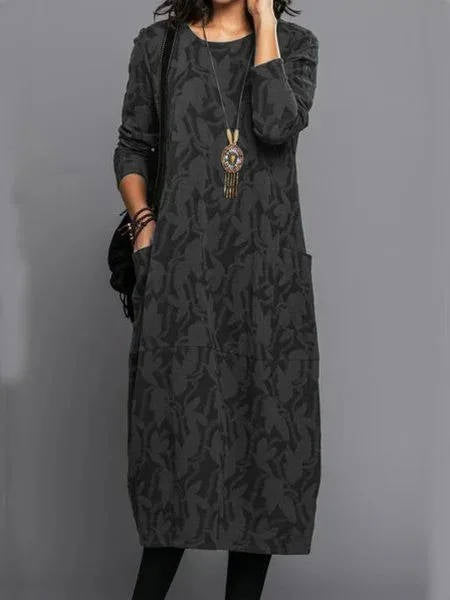 Women's Long Sleeve Midi Dress With Pockets Casual Summer Print Comfortable Everyday Relaxed Fit - Lolly 