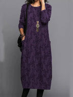 Women's Long Sleeve Midi Dress With Pockets Casual Summer Print Comfortable Everyday Relaxed Fit - Lolly 