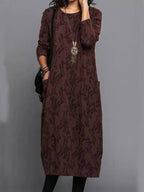 Women's Long Sleeve Midi Dress With Pockets Casual Summer Print Comfortable Everyday Relaxed Fit - Lolly 