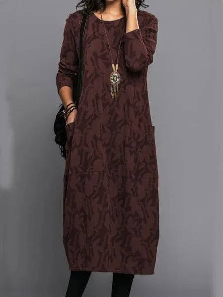 Women's Long Sleeve Midi Dress With Pockets Casual Summer Print Comfortable Everyday Relaxed Fit - Lolly 