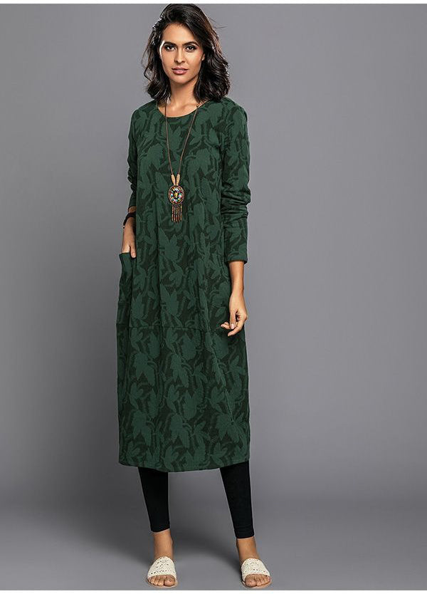 Women's Long Sleeve Midi Dress With Pockets Casual Summer Print Comfortable Everyday Relaxed Fit - Lolly 