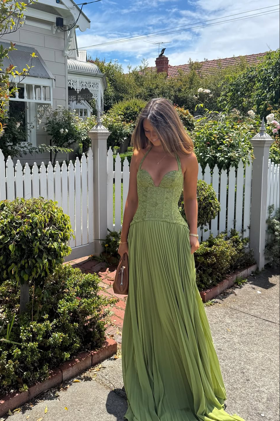 Women's Long Wedding Dress Pleated Lace Halter Bodice Fluid Skirt Formal Elegant Gown – Kenley - Lolly 