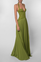 Women's Long Wedding Dress Pleated Lace Halter Bodice Fluid Skirt Formal Elegant Gown – Kenley - Lolly 