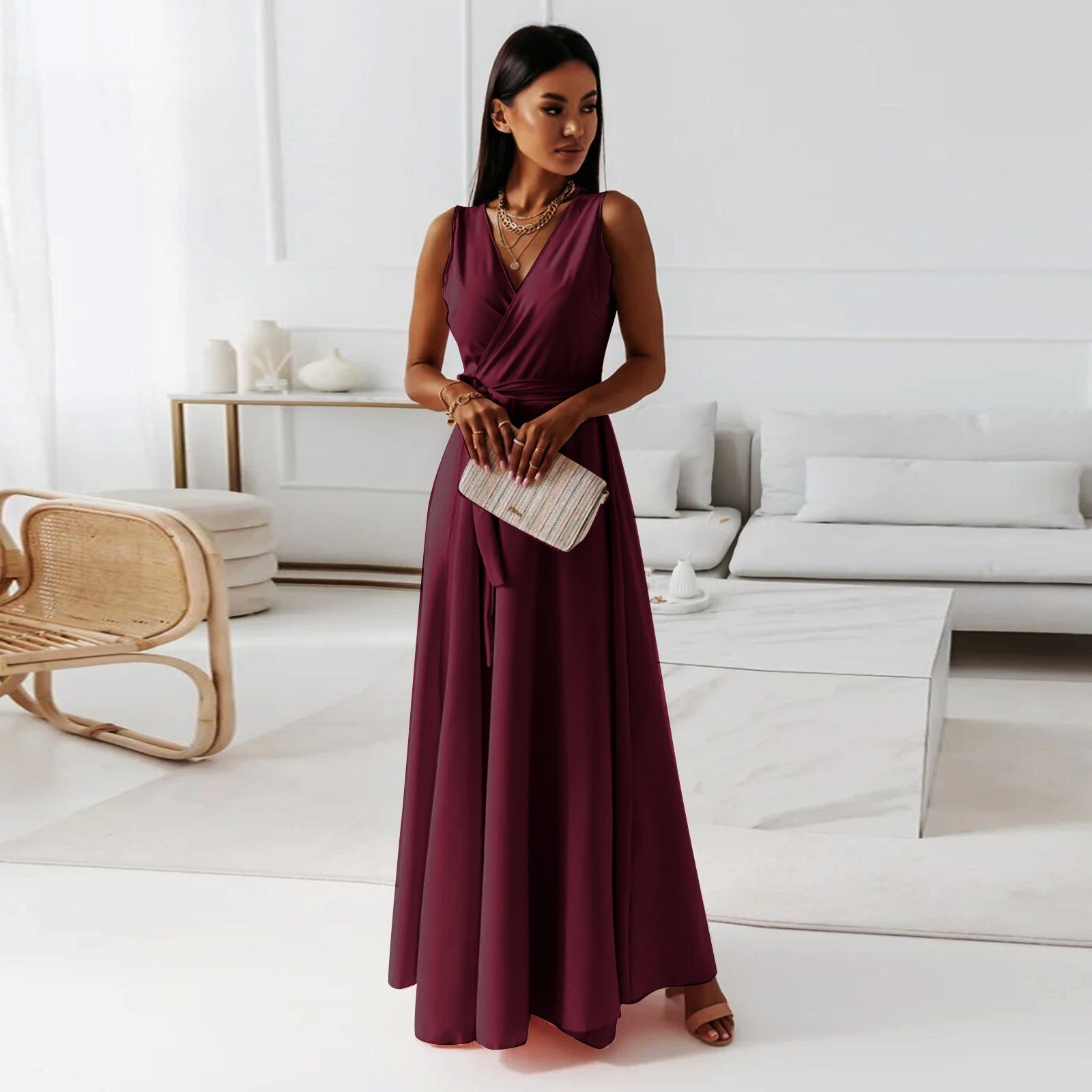 Women's Long Wedding Guest Dress Elegant Wrap Bodice Fluid Silhouette Formal Ceremony Gown - Lolly 