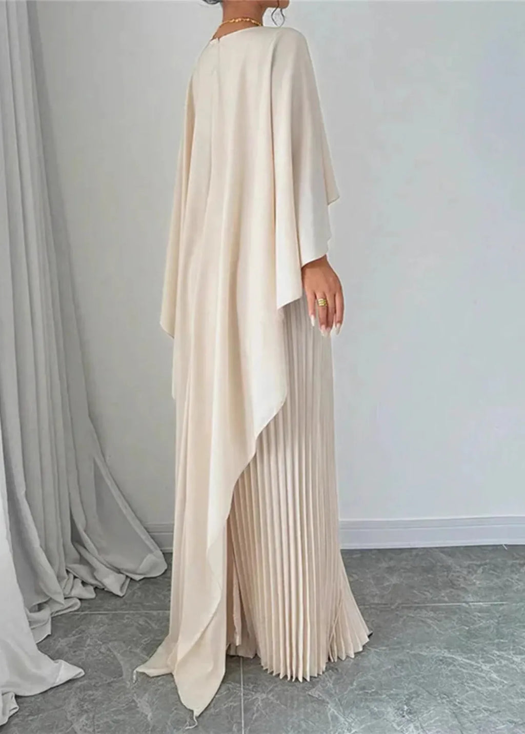 Women's Long Wedding Guest Dress Pleated Cape Overlay Fluid Elegant Formal Gown – Makayla - Lolly 