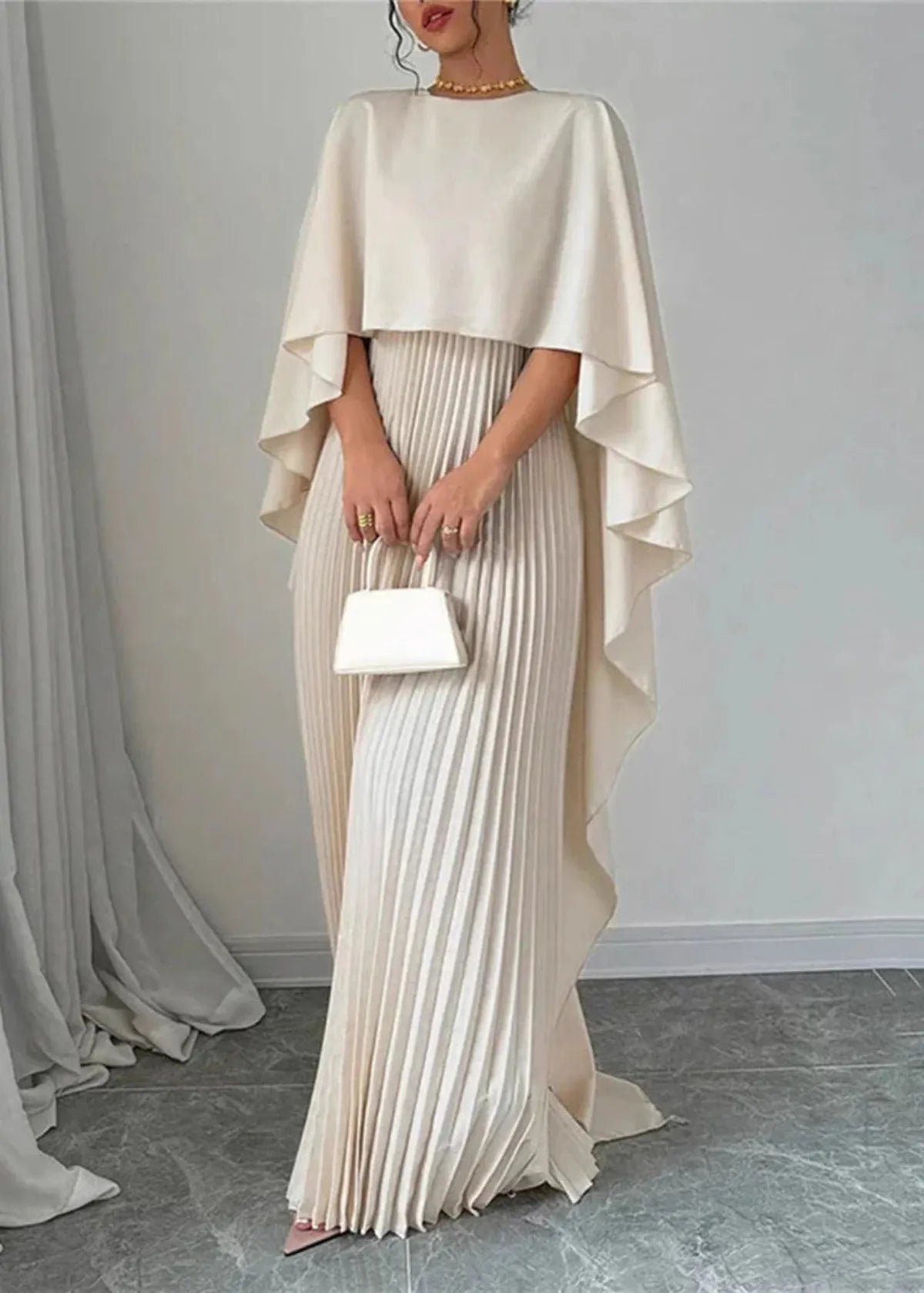 Women's Long Wedding Guest Dress Pleated Cape Overlay Fluid Elegant Formal Gown – Makayla - Lolly 