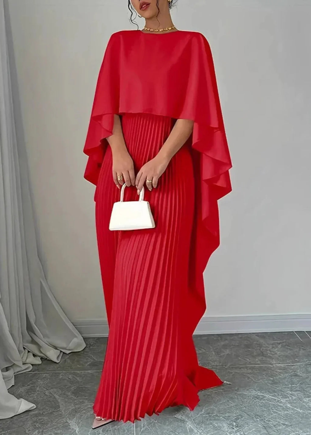 Women's Long Wedding Guest Dress Pleated Cape Overlay Fluid Elegant Formal Gown – Makayla - Lolly 