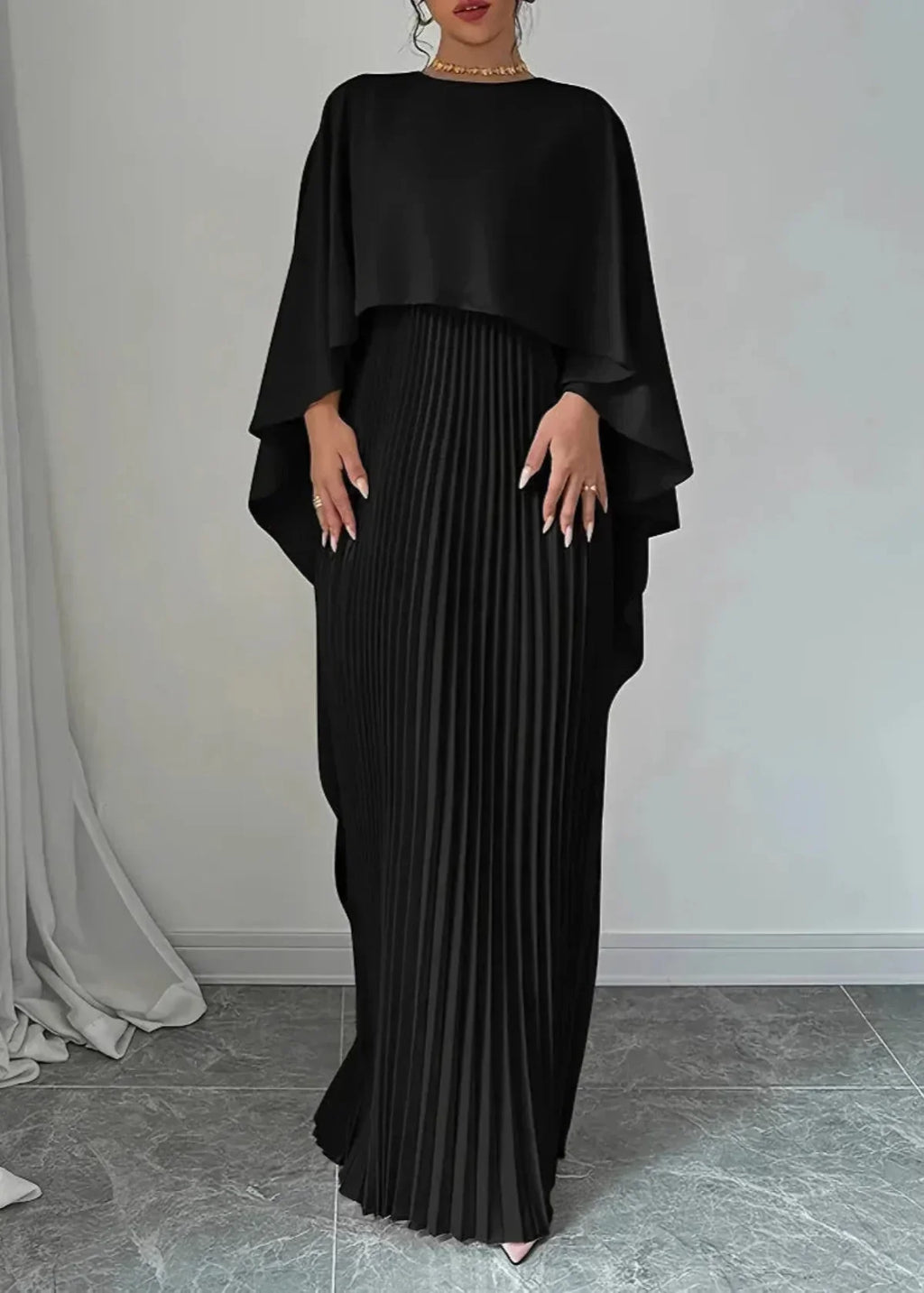 Women's Long Wedding Guest Dress Pleated Cape Overlay Fluid Elegant Formal Gown – Makayla - Lolly 