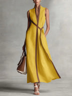 Women's Loose Sleeveless Cotton Linen Midi Formal Dress High Neck Summer Beach Vacation Work Everyday – Aurora - Lolly 