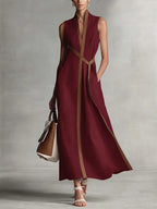 Women's Loose Sleeveless Cotton Linen Midi Formal Dress High Neck Summer Beach Vacation Work Everyday – Aurora - Lolly 