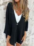 Women's Loose V-Neck Cardigan Mid-Length Sleeve Open Front Lightweight Casual Everyday Sweater – Multicolor - Lolly 