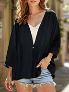 Women's Loose V-Neck Cardigan Mid-Length Sleeve Open Front Lightweight Casual Everyday Sweater – Multicolor - Lolly 