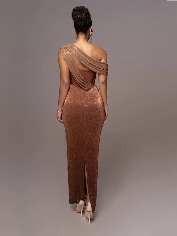 Women's Luxe One-Shoulder Long Dress Sculpted Bodycon Formal Wedding Evening Gala Elegant – Agatha - Lolly 