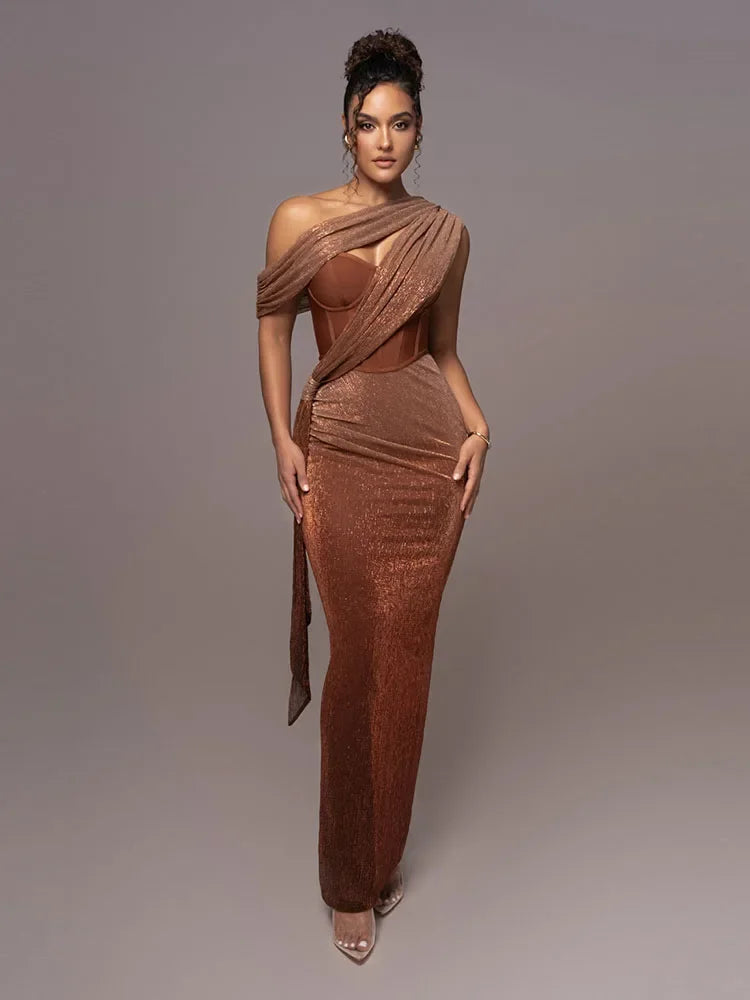 Women's Luxe One-Shoulder Long Dress Sculpted Bodycon Formal Wedding Evening Gala Elegant – Agatha - Lolly 