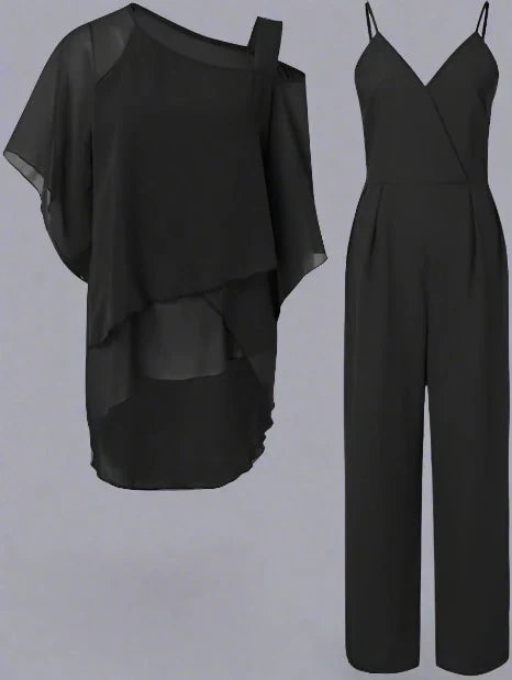 Women's Luxury Chiffon Two-Piece Set Overlay Top Wide-Leg Pants Elegant Evening Office Loose Fit - Lolly 