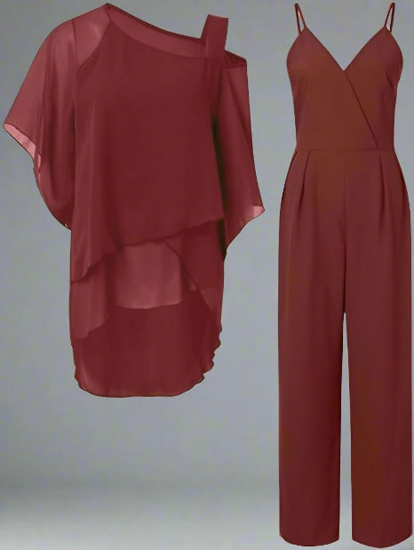 Women's Luxury Chiffon Two-Piece Set Overlay Top Wide-Leg Pants Elegant Evening Office Loose Fit - Lolly 