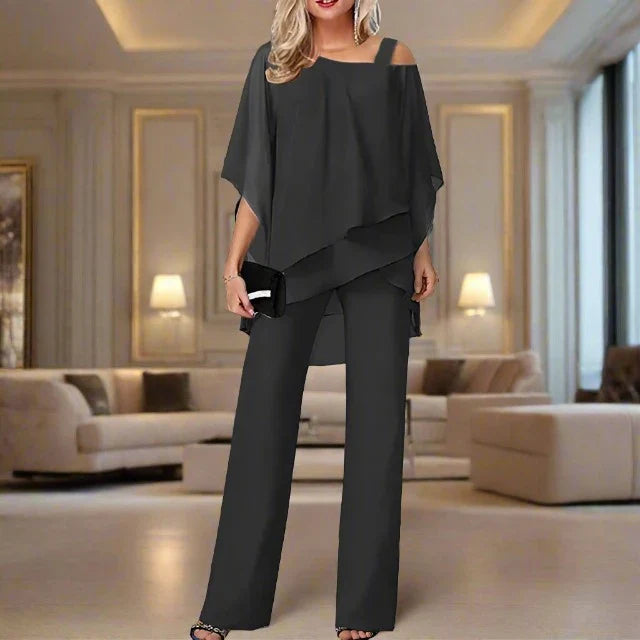 Women's Luxury Chiffon Two-Piece Set Overlay Top Wide-Leg Pants Elegant Evening Office Loose Fit - Lolly 