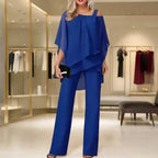 Women's Luxury Chiffon Two-Piece Set Overlay Top Wide-Leg Pants Elegant Evening Office Loose Fit - Lolly 