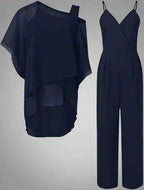 Women's Luxury Chiffon Two-Piece Set Overlay Top Wide-Leg Pants Elegant Evening Office Loose Fit - Lolly 