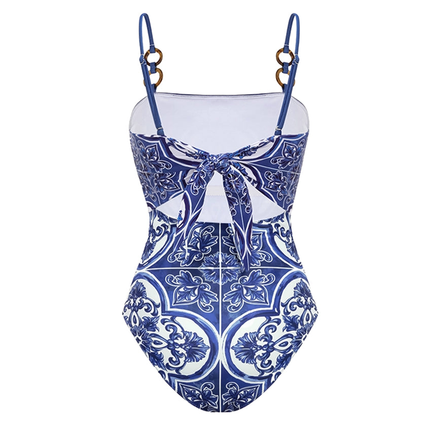 Women's Majolica Print One-Piece Swimsuit & Skirt or Shorts Set Sling Neck Beach Vacation Resort Pool Party Cruise Summer – Blue & White - Lolly 