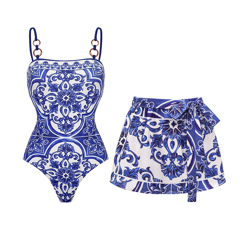 Women's Majolica Print One-Piece Swimsuit & Skirt or Shorts Set Sling Neck Beach Vacation Resort Pool Party Cruise Summer – Blue & White - Lolly 