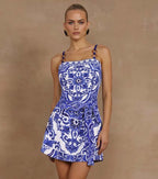 Women's Majolica Print One-Piece Swimsuit & Skirt or Shorts Set Sling Neck Beach Vacation Resort Pool Party Cruise Summer – Blue & White - Lolly 