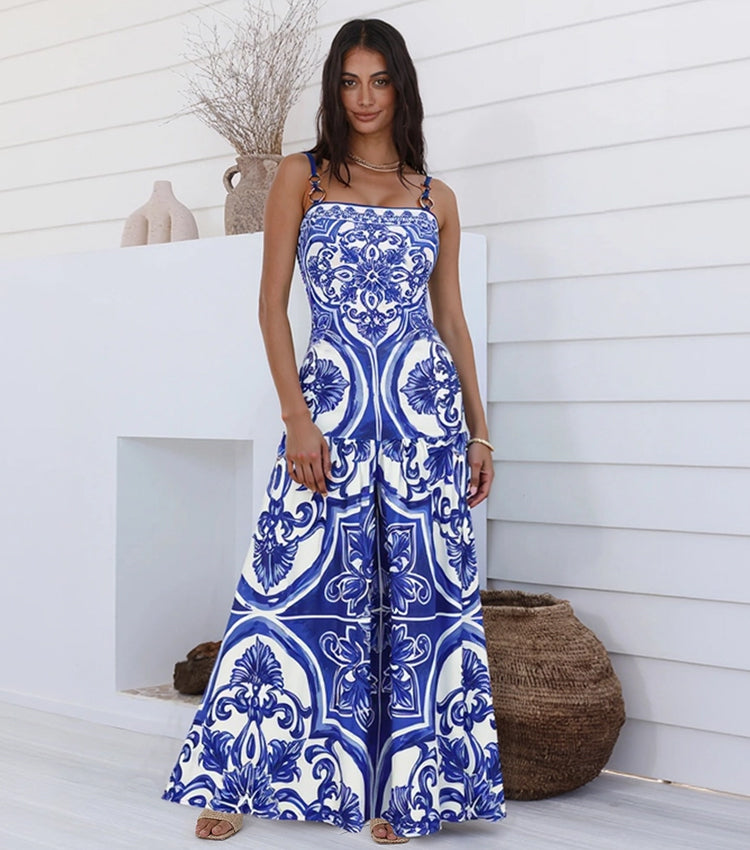 Women's Majolica Print One-Piece Swimsuit & Skirt or Shorts Set Sling Neck Beach Vacation Resort Pool Party Cruise Summer – Blue & White - Lolly 