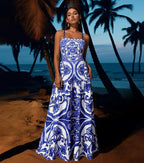 Women's Majolica Print One-Piece Swimsuit & Skirt or Shorts Set Sling Neck Beach Vacation Resort Pool Party Cruise Summer – Blue & White - Lolly 