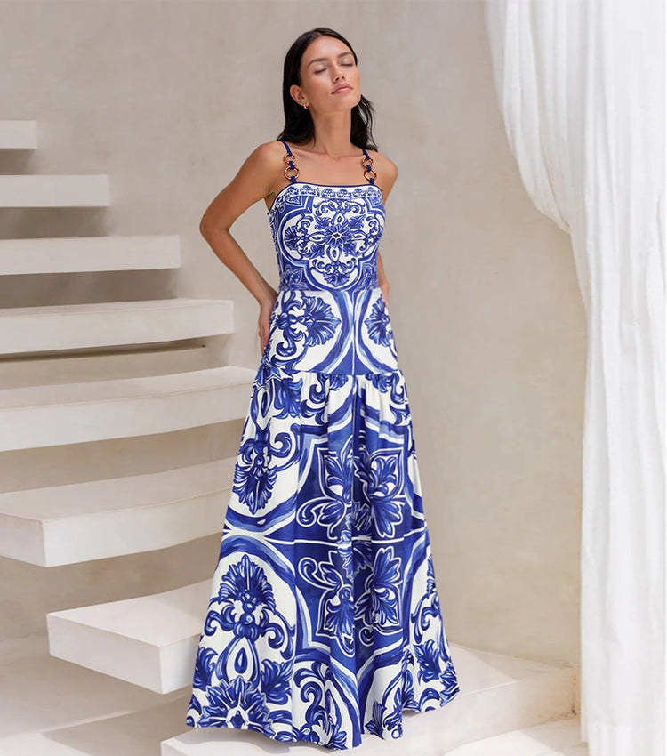 Women's Majolica Print One-Piece Swimsuit & Skirt or Shorts Set Sling Neck Beach Vacation Resort Pool Party Cruise Summer – Blue & White - Lolly 