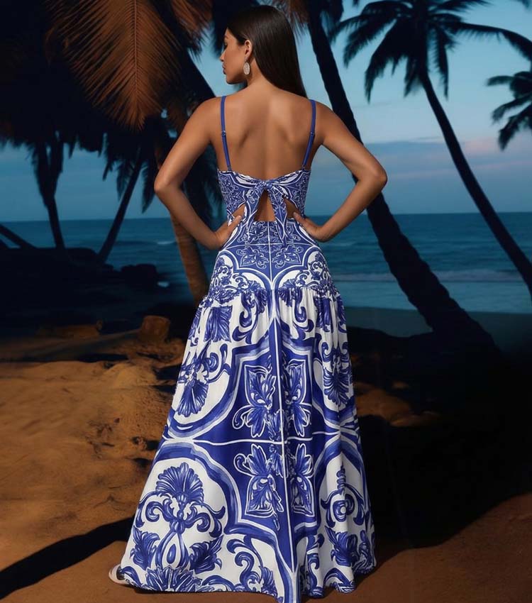 Women's Majolica Print One-Piece Swimsuit & Skirt or Shorts Set Sling Neck Beach Vacation Resort Pool Party Cruise Summer – Blue & White - Lolly 
