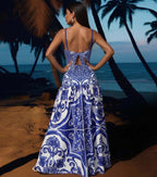 Women's Majolica Print One-Piece Swimsuit & Skirt or Shorts Set Sling Neck Beach Vacation Resort Pool Party Cruise Summer – Blue & White - Lolly 