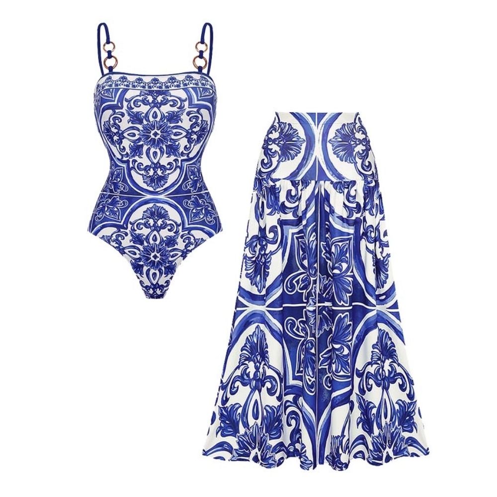 Women's Majolica Print One-Piece Swimsuit & Skirt or Shorts Set Sling Neck Beach Vacation Resort Pool Party Cruise Summer – Blue & White - Lolly 