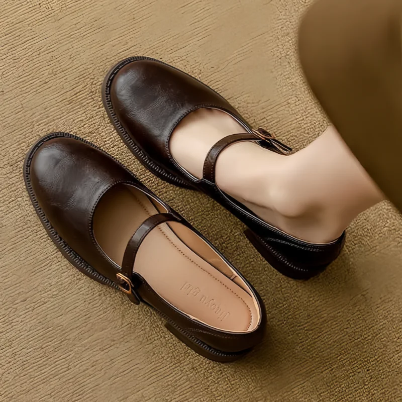 Women's Mary Jane Flats Single Strap Round Toe Leather Casual Work Office Walking Shoes - Lolly 