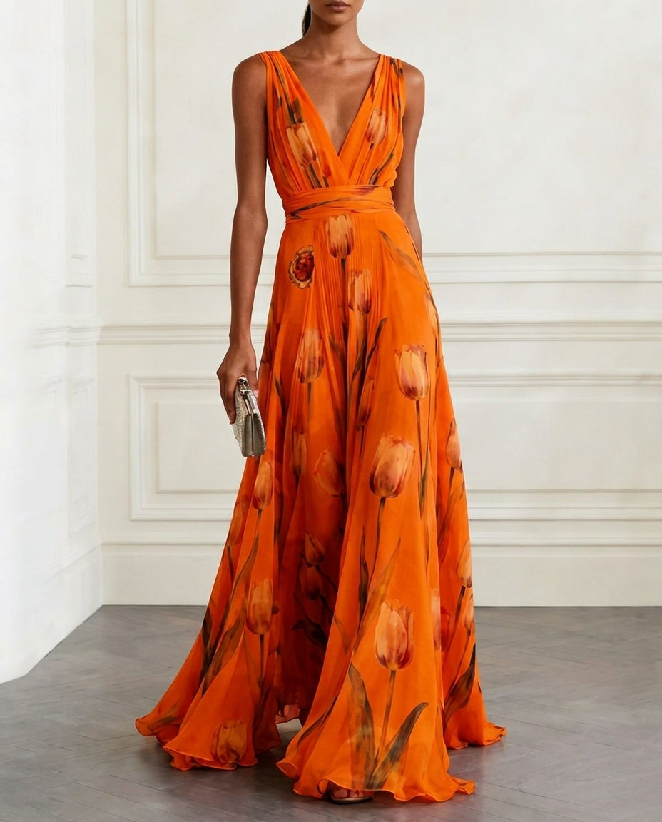 Women's Maxi Dress – Deep V-Neckline Sleeveless A-Line - Lolly 