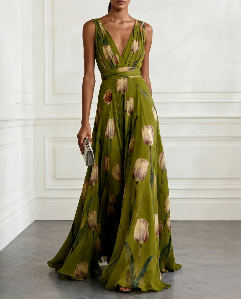 Women's Maxi Dress – Deep V-Neckline Sleeveless A-Line - Lolly 
