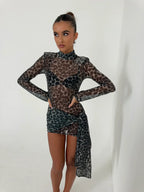 Women's Mesh Long Sleeve Glove Mini Dress Asymmetric Bodycon Party Night Out Club Birthday Summer – Tess - Lolly 