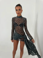 Women's Mesh Long Sleeve Glove Mini Dress Asymmetric Bodycon Party Night Out Club Birthday Summer – Tess - Lolly 