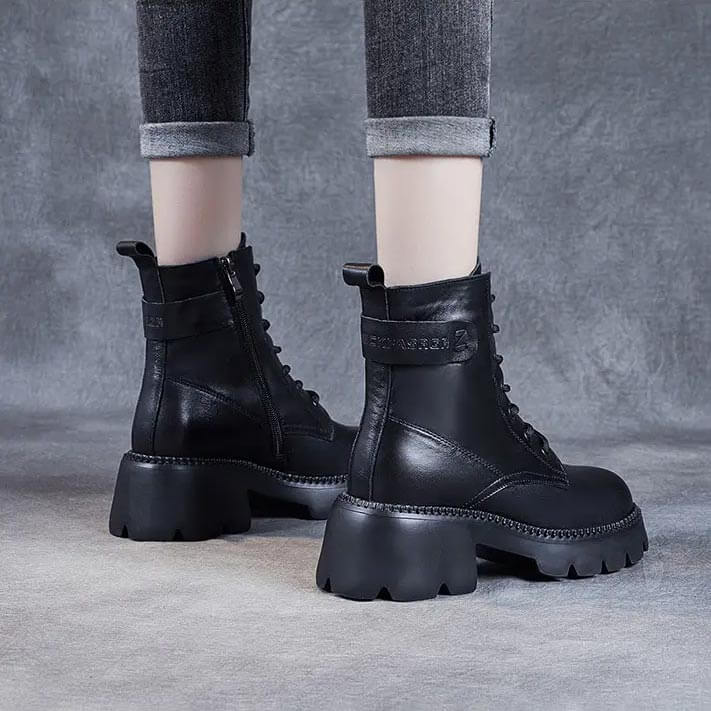 Women's Mid-Calf Boots Platform Chunky Sole Casual Leather Ankle Boots Side Zip - Lolly 