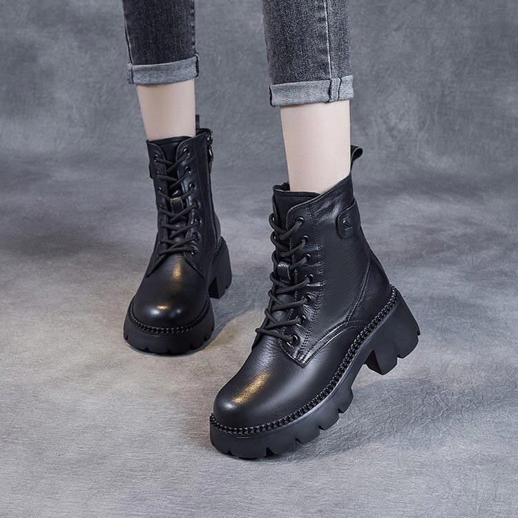 Women's Mid-Calf Boots Platform Chunky Sole Casual Leather Ankle Boots Side Zip - Lolly 