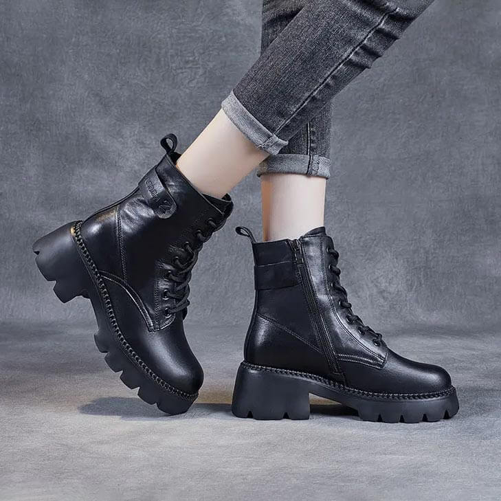 Women's Mid-Calf Boots Platform Chunky Sole Casual Leather Ankle Boots Side Zip - Lolly 